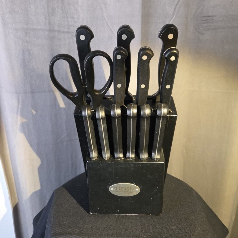 Ginsu Knife Set 14 Pieces Black Handle With Wooden Storage Block And Scissor